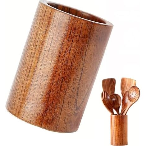 Porte-ustensiles de cuisine en bois, porte-couverts rond en bois, organisateur de baguettes, rangement de cuisine pour spatule, couverts et cuillère (15 x 8,7 cm) (1/4)