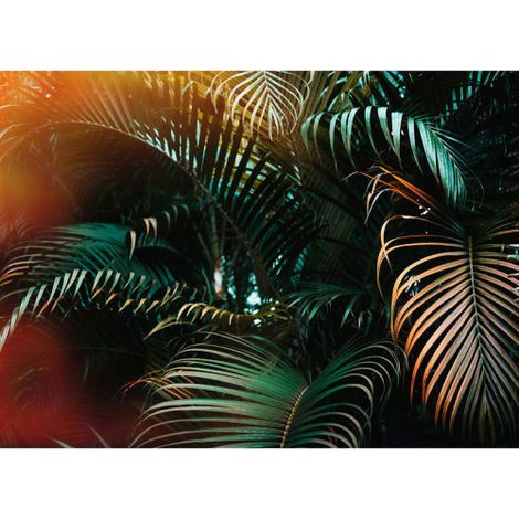Papier peint panoramique tropical vert et orange Tapisserie panoramique feuilles de palmier Papier peint panoramique jungle pour salle à manger (1/4)