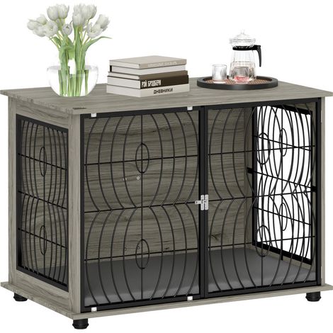 Cage Meuble pour Chien d'Intérieur Niche avec Porte Verrouillable Coussin Lavable et Plateau Supérieur - Gris (1/5)