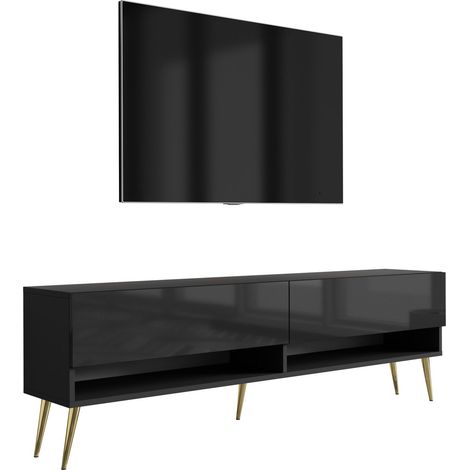 Meuble TV : Noir Mat / Noir Brillant, pieds obliques dorés, 170 × 32 × 52 cm (1/5)