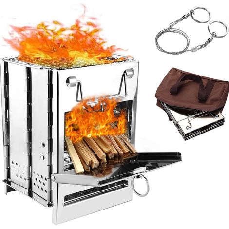 Réchaud à Bois Portable en Acier Inoxydable avec Sac de Rangement et Scie à Corde, Poêle à Bois Pliable pour Barbecue en Plein Air, Barbecue, Randonnée, Voyage, Pique-nique (1/5)