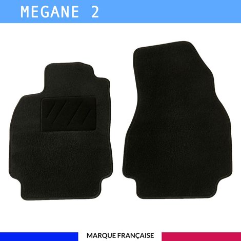 Tapis de sol voiture - Sur mesure pour  Renault MEGANE 2 (09/2002-10/2008) - Antidérapant : Clips de fixations et scratch - Tapis de sol avant 2 pièces - Moquette - Noir