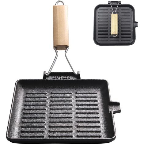 Poêle à steak en fonte avec poignée en bois pliable : 20 × 20 cm Grill Pan induction Poêle carrée pour tous les types de plaques de cuisson Facile à nettoyer (1/5)