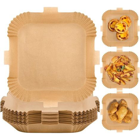 Lot de 200 doublures en papier sulfurisé jetables pour friteuse à air, 20 cm, carrées antiadhésives avec deux guides de cuisson pour friteuse à air, micro-ondes, four, barbecue (1/5)