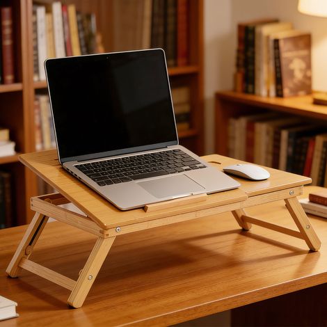 Table de lit plateau pour ordinateur en bois de bambou plateau inclinable pliable réglable en hauteur naturel (1/5)