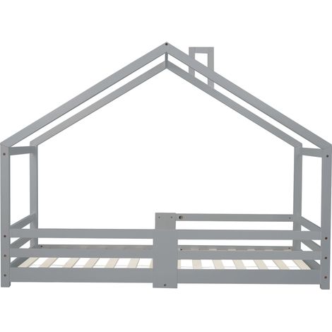 Letto per bambini a casetta grigio in legno di pino 90 x 200 cm con camino (1/5)