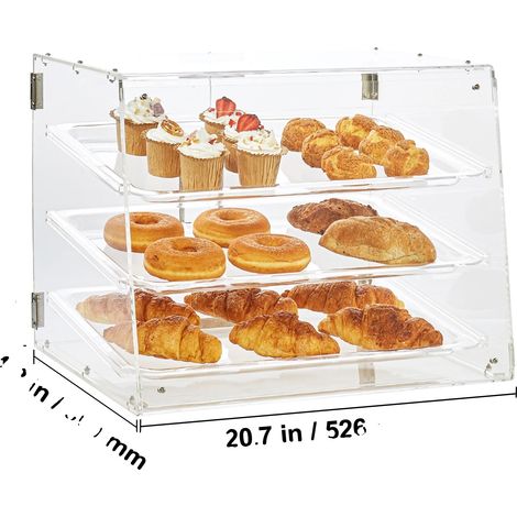 Vitrina expositora de acrílico para pastelería, estantes extraíbles, diseño de doble puerta, 3 niveles. (1/2)