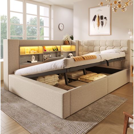 Bett 140x200 Bettgestell Stauraum LED Beige HAVRYA (1/5)