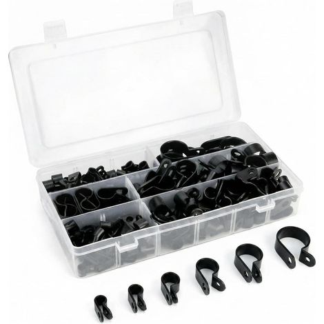 200 Pièces Clips Cable P Clips en Nylon, Fixation Cable Electrique pour Conduits Câbles Tubes, Ø 5/6/9/12/19/28mm (Noir) (1/5)