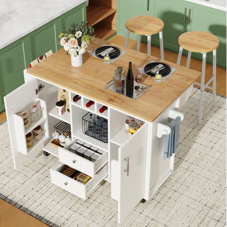 Meuble de cuisine avec 2 tabourets de bar, plateau rabattable, rangements intégrés, blanc HAVRYA (1/5)