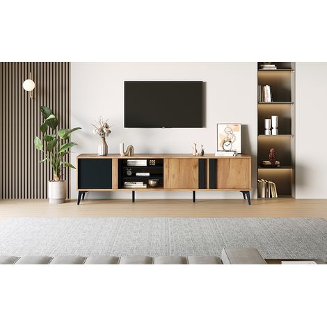 Meuble TV rustique brun, meuble bas TV, support TV, commode TV, 180 cm – pour téléviseurs jusqu’à 80 pouces avec porte et compartiment ouvert