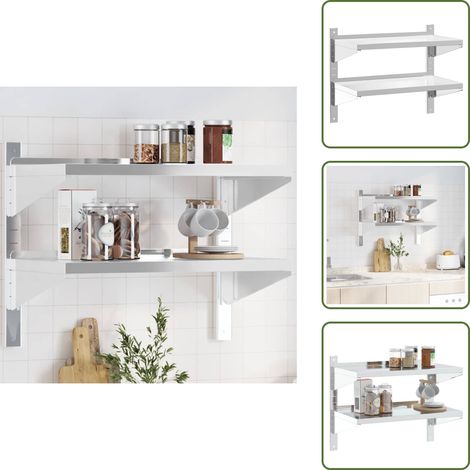 The Living Store Wandregal mit 2 Böden 75x40x60 cm Silbern Edelstahl - Edelstahl Regal - Wandregal - Schweberegal - Badezimmerregal - Küchenregal (1/5)