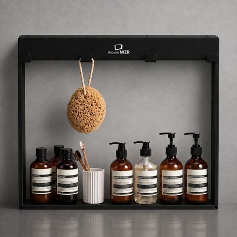 ShowerNIZR® Estante de ducha Obsidian Black - Estante de ducha sin taladro para colgar en mampara de vidrio de acero inoxidable con 4 ganchos (1/5)