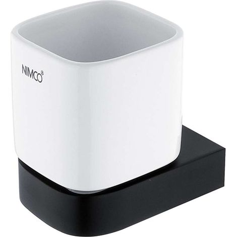 Nimco Nikau - Portaspazzolino e dentifricio con supporto, ceramica bianca/nero opaco NKC 30058K-90