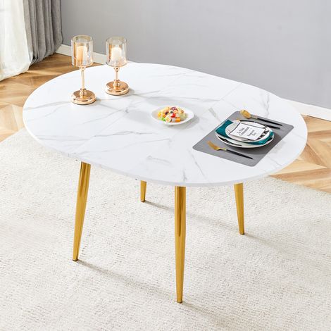 Mesa de comedor redonda extensible de 107-137 cm, tablero redondeado, patas de metal, MDF blanco para salón. (1/5)