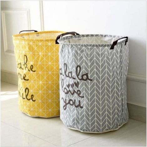 Lot de 2 Paniers à Linge - Tissu de coton - 40 x 50 cm - Jaune et gris (1/4)
