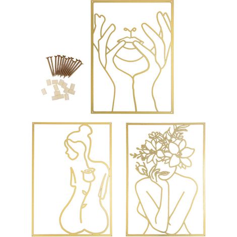 Jeffergarden Décoration murale à une seule ligne en fer minimaliste pour femme - Décoration murale à suspendre pour chambre à coucher, cuisine, salle de bain, salon - Doré 3 pièces (1/5)