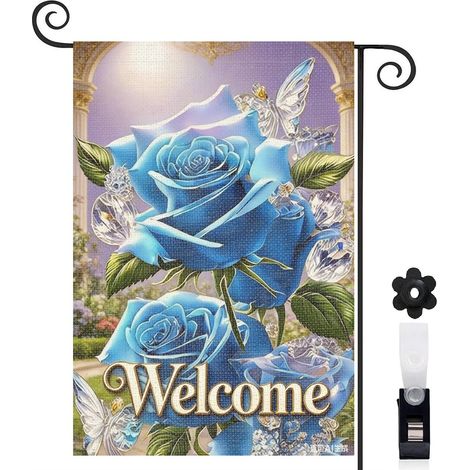 Bannière de cour feuilles vertes et roses bleues à paillettes 30 x 45 cm décoration extérieure et intérieure (1/4)