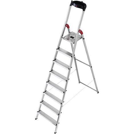 Hailo – Escabeau pliable en aluminium 8 marches – Hauteur de travail max 3m70 – Garde-corps avec tablette porte-outils – Antidérapant et léger