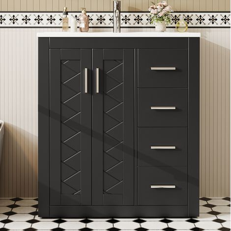 Meuble lave-mains en MDF et céramique noir 76 x 46,5 x 85,5 cm, à poser, avec 3 tiroirs et 2 portes (1/5)