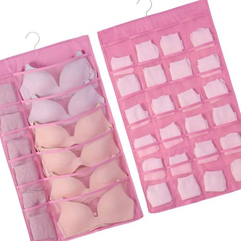 Wandmontierter Aufbewahrungsbeutel für Unterwäsche, Socken und Slips, aus großem rosa Oxford-Gewebe, doppelseitig mit 12/24 Fächern, Hängeschubladenabdeckung für Kleiderschrank, 1 Stück. (1/3)