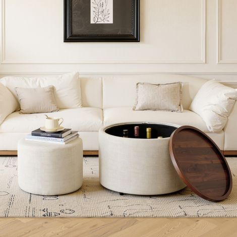 Ensemble de 2 poufs de rangement empilables : revêtement en lin et étagère en bois — Inclut une table basse ronde et un banc (Beige)