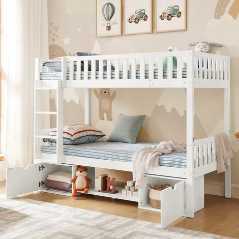 Lit superposé enfant 90×200 cm en pin blanc, séparable en 2 lits, avec échelle et tiroirs (1/5)