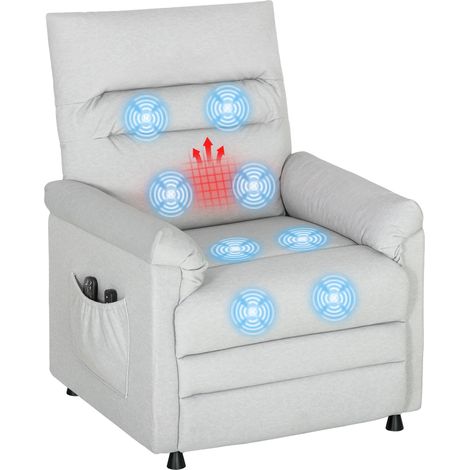 Fauteuil de relaxation massage électrique chauffant avec repose-pieds, inclinable 150° velours animaux, mémoire, 2 télécommandes, USB, gris clair