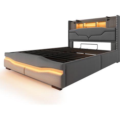 Cama canapé 140x200 cm en lino y MDF gris con LED, USB/Type-C y almacenamiento hidráulico (1/5)