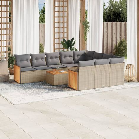 11-tlg. Garten-Sofagarnitur mit Kissen Beige Poly Rattan (1/5)
