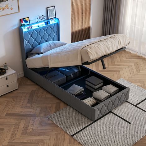 JOOKGBD-Lit coffre 90x200 cm en velours gris foncé, tête de lit à rangement LED RGB télécommandé, port USB/USB-C, mécanisme hydraulique, lit à grand rangement sous lit pour chambre (1/5)