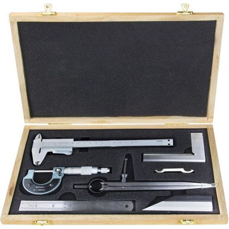 Dema – Coffret multi-outils 6 pièces en acier inoxydable – Pied à coulisse 0-150 mm, micromètre 0-25 mm, équerre, règle, compas – Précision professionnelle