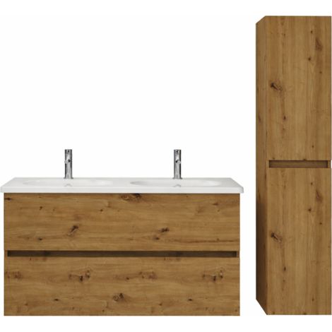 Pack meuble de salle de bain double vasque 120 cm chêne BURGBAD Joline + colonne