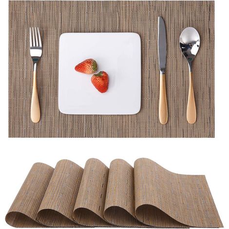 Lot de 6 sets de table lavables, sets de table tissés, sets de table en vinyle lavables, antidérapants, résistants à la chaleur et à l'usure, 30 x 45 cm (marron) (1/5)