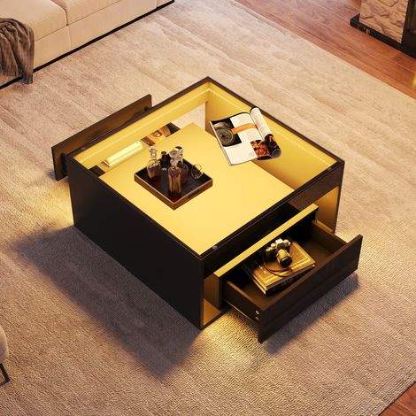 Mesa de centro 70 x 70 x 35 cm con 2 cajones, cristal templado, LED, negra HAVRYA (1/5)