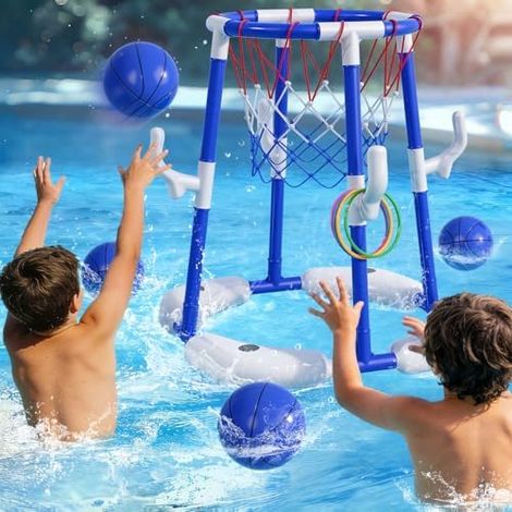 Pool Basketballkorb für Kinder 4-8 & 8-12 Jahre – 2-in-1 Schwimmendes & Oberirdisches Wasserspiel mit 4 Bällen, 12 Ringen & Pumpe, Outdoor-Spielzeug für Schwimmbad, Sommerpartys für Erwachsene (1/5)