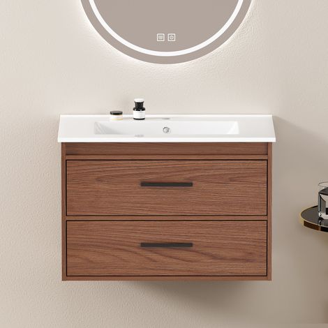 Armoire de salle de bain 75 cm marron rougeâtre, Grand espace de rangement, 2 tiroirs (1/5)