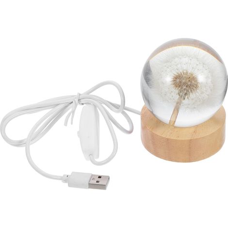 Veilleuse Boule Cristal Pissenlit 6 CM avec Socle Bois (1/5)