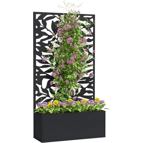 Jardinière avec treillis bac à fleurs rectangulaire grande taille panneau d'intimité métal 61 x 23 x 113 cm noir (1/5)