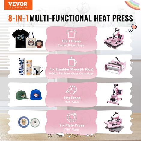 Presse à Chaud 8-en-1 Plaque 30x38 cm, Machine de Sublimation Textile avec Presse à Tasses de 18-89 cL, Pivotant à 360°, Contrôle N… (1/5)