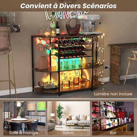Cave à vin industrielle 3 niveaux avec prises, porte-bouteilles et porte-verres, meuble de bar - marron (1/5)