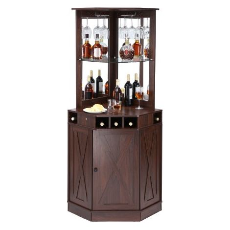 Armoire Bar Industrielle de Coin, Meuble de Bar pour Liqueurs et Verres, Buffet avec Porte-verres, Grand Présentoir à Vin Autoportante en Bois pour Salon, Maison, Bar Domicile, Café, Marron (1/4)