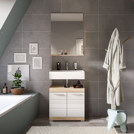 Ensemble meuble sous lavabo + miroir chêne et blanc - LAMBY