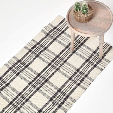 HOMESCAPES Logan Black and White Tartan Check Non-Slip 100% Wool Rug, 66 x 200 cm