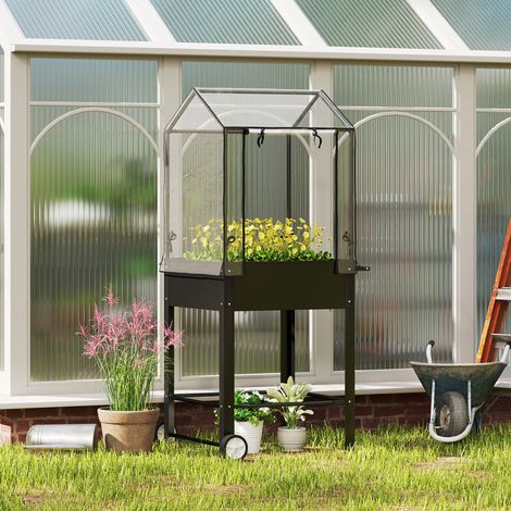 Carré potager sur pieds avec bâche en plastique jardinière surélevée avec roues trou de drainage 67 x 69 x 147 cm noir