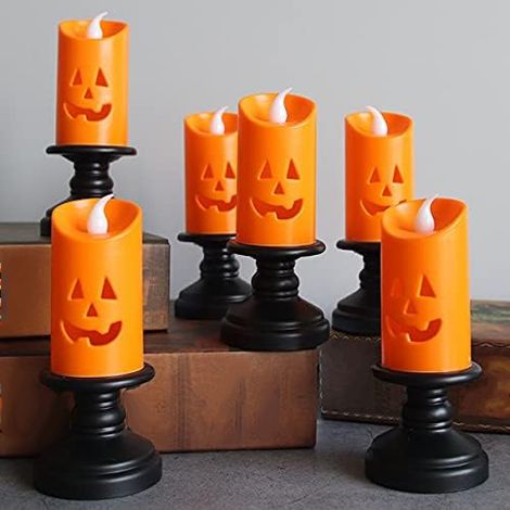 Lot de 6 bougies citrouille orange sans flamme – Décoration de table pour Halloween (1/5)
