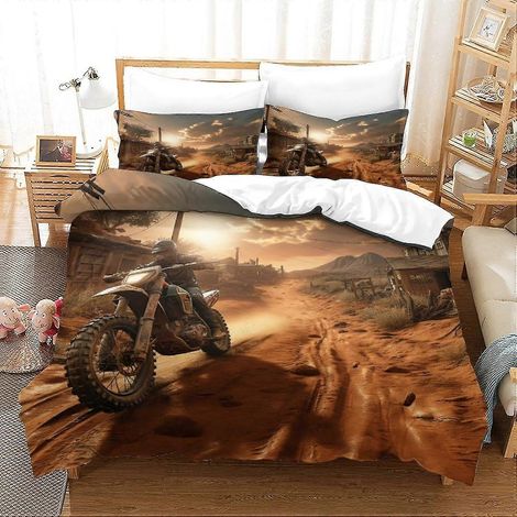 Parure de lit 3D motos, housse de couette légère avec fermeture éclair pour enfants et adultes (3 pièces, double) (1/4)