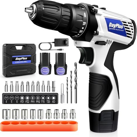 Cordless Drill Electric Screwdriver Handheld Drill 2-Speed Rechargeable 2x Battery (1/4)
