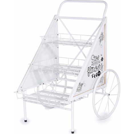 Eleganti carretti espositivi in metallo bianco con 3 ripiani e ruote. Perfetti per negozi, eventi e allestimenti scenografici, cm 100 x 79 x 120 H