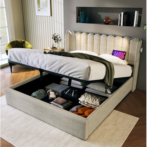 letto contenitore 140x200 con USB e luce lino OKMYHOME (1/5)